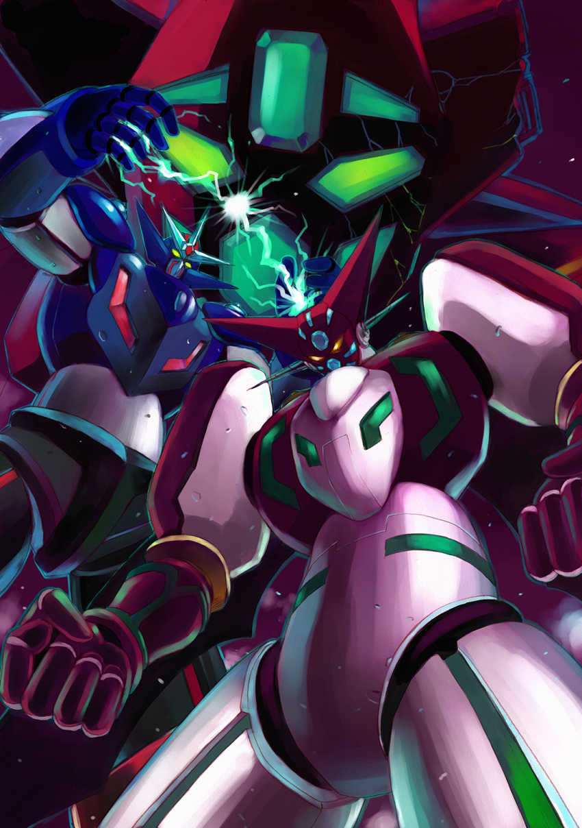 clenched_hands electricity getter-1 getter_go getter_robo getter_robo_go glowing glowing_eyes green_eyes highres hinoki_kazushi horns looking_down mecha mecha_focus no_humans open_hands robot science_fiction shin_getter-1 shin_getter_robo yellow_eyes