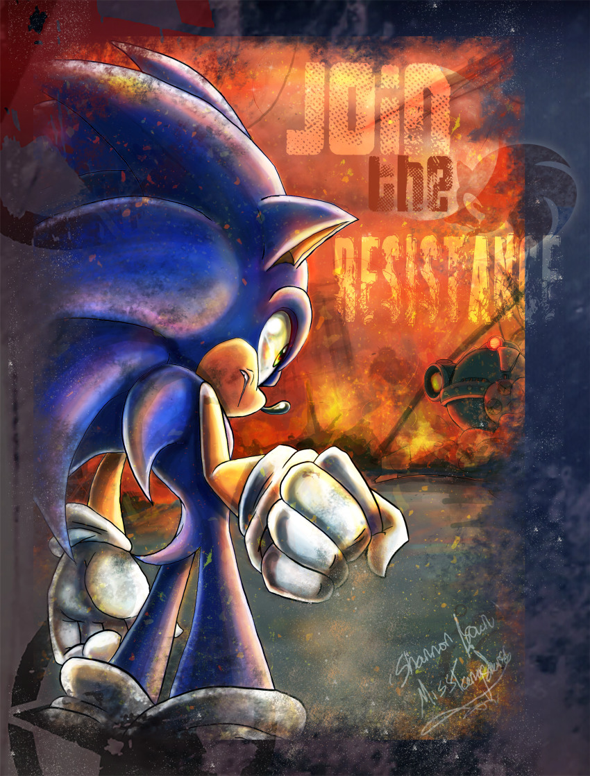1boy absurdres clenched_hand death_egg_robot embers from_behind furry furry_male gloves green_eyes highres misstangshan95 robot signature sonic_(series) sonic_forces sonic_the_hedgehog standing white_gloves