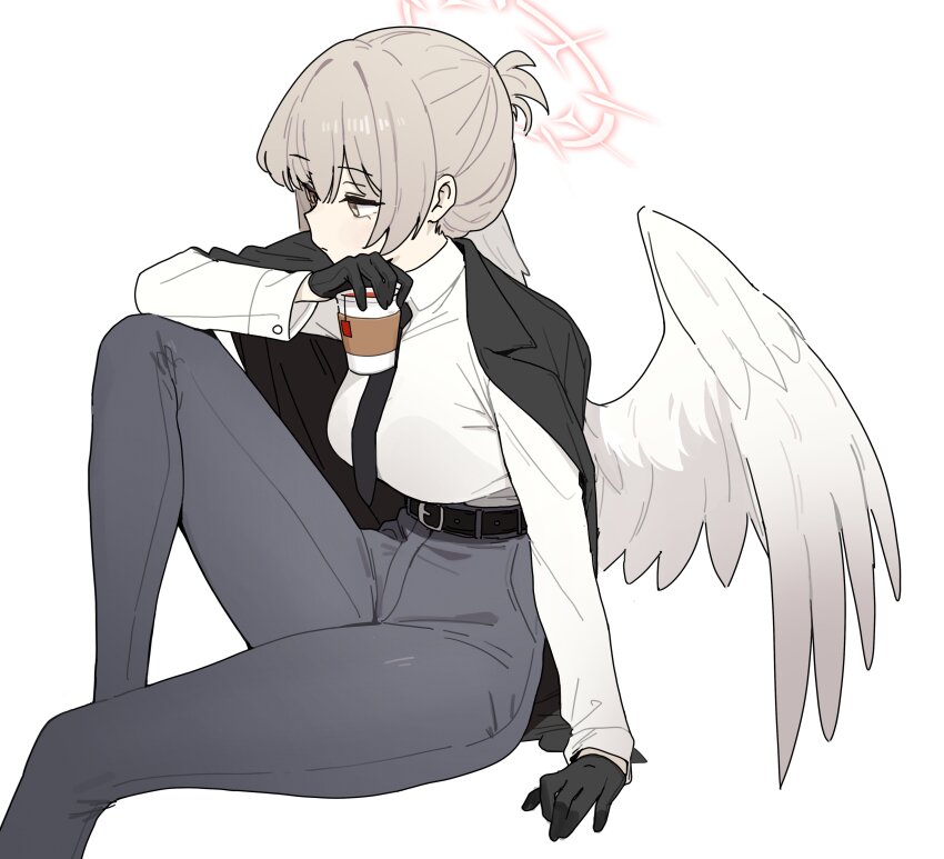 1girl absurdres alternate_costume alternate_hairstyle black_gloves black_jacket black_necktie blue_archive collared_shirt cup disposable_cup dydldidl feathered_wings gloves grey_hair grey_pants halo high-waist_pants highres holding holding_cup jacket jacket_on_shoulders korean_commentary long_sleeves nagisa_(blue_archive) necktie pants shirt simple_background sitting solo white_background white_shirt white_wings wings