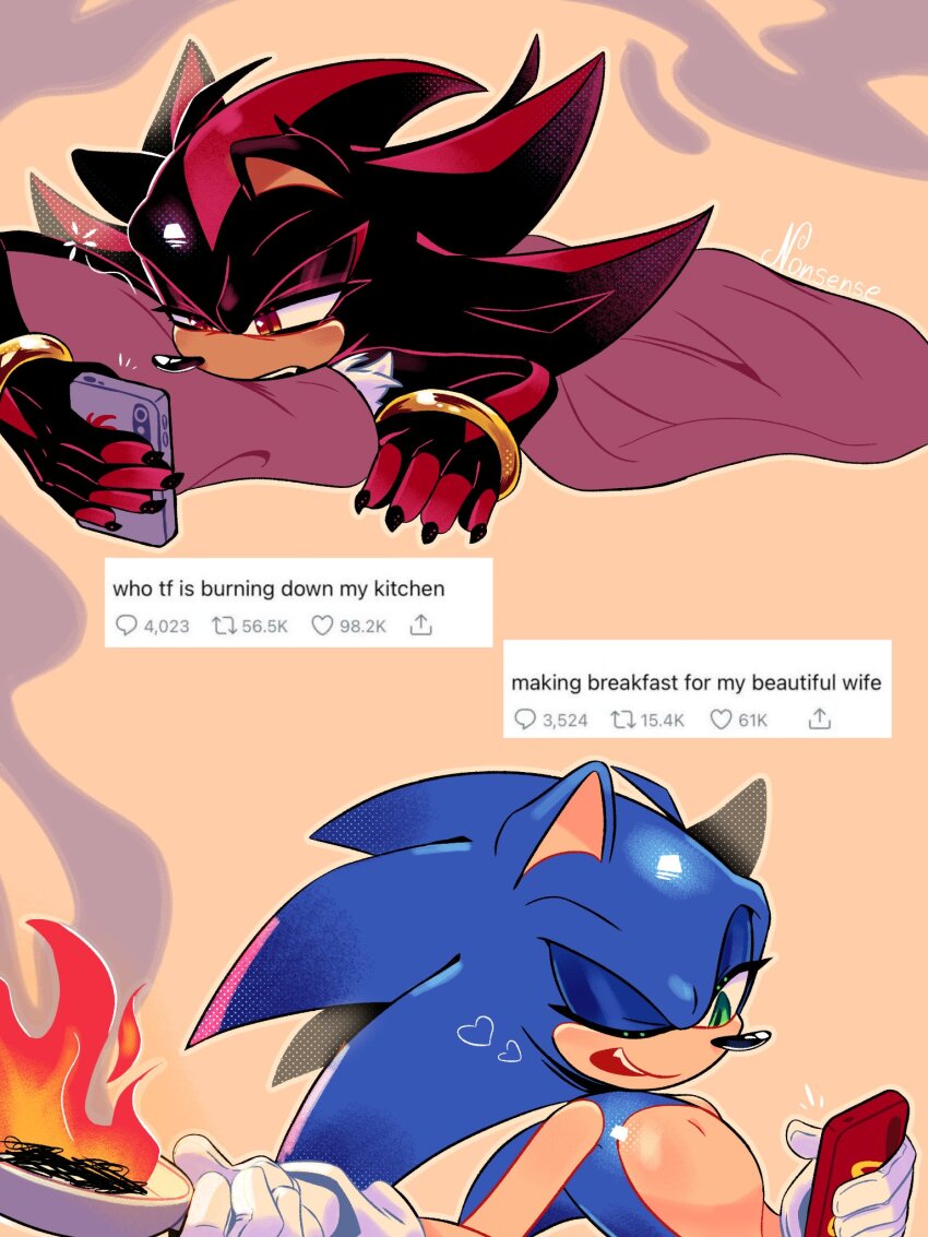 2boys animal_ears animal_nose bracelet claws commentary cooking couple english_text fire furry furry_male furry_with_furry gloves gold_bracelet green_eyes hedgehog_boy highres holding holding_phone jewelry male_focus meme multiple_boys one_eye_closed orange_eyes phone shadow_the_hedgehog simple_background sonic_(series) sonic_the_hedgehog studiononsense1 symbol-only_commentary twitter under_covers white_gloves who_tf_is_burning_down_my_kitchen_(meme) yaoi