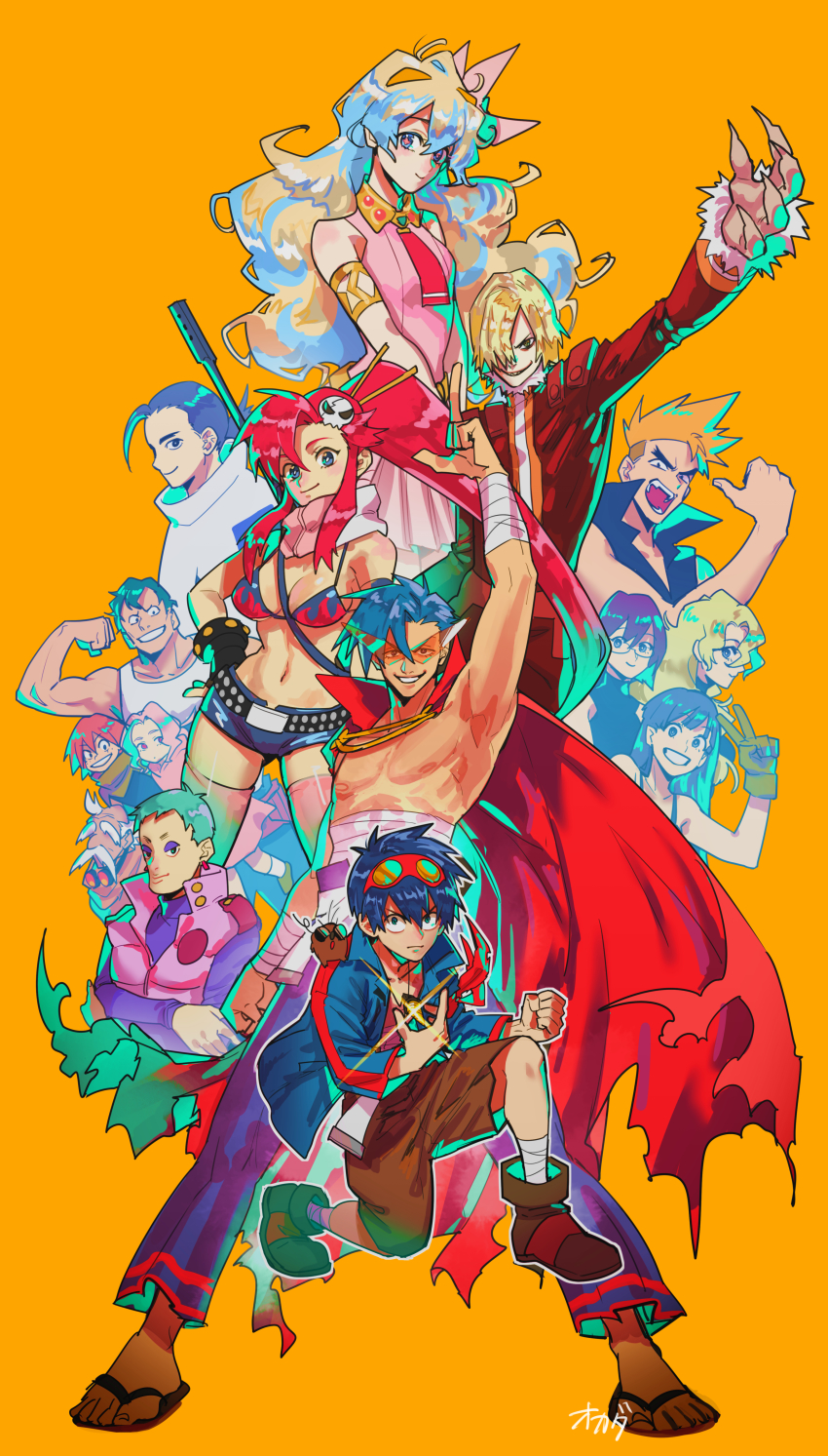 +_+ 6+boys 6+girls absurdres ahoge anti-materiel_rifle armlet armpits between_breasts bikini bikini_top_only black_hair blonde_hair blue_eyes boota_(ttgl) breasts child cleavage commentary_request core_drill cross-shaped_pupils darry_adai dayakka fingernails gimmy_adai group_picture gun gun_on_back high_ponytail highres jewelry kamina_(ttgl) kamina_shades kinon_bachika kittan_bachika kiyal_bachika kiyoh_bachika leeron_littner long_hair multiple_boys multiple_girls nia_teppelin nipples okada_(hoooojicha) old old_coco old_man on_one_knee orange_background ponytail red_hair rifle rossiu_adai sarashi sharp_fingernails simon_(ttgl) sniper_rifle sparkle spiked_hair standing stomach strap_between_breasts swimsuit symbol-shaped_pupils tagme tengen_toppa_gurren_lagann thick_eyebrows thighhighs topless_male triangular_eyewear undercut v very_long_hair viral_(ttgl) weapon weapon_on_back yoko_littner