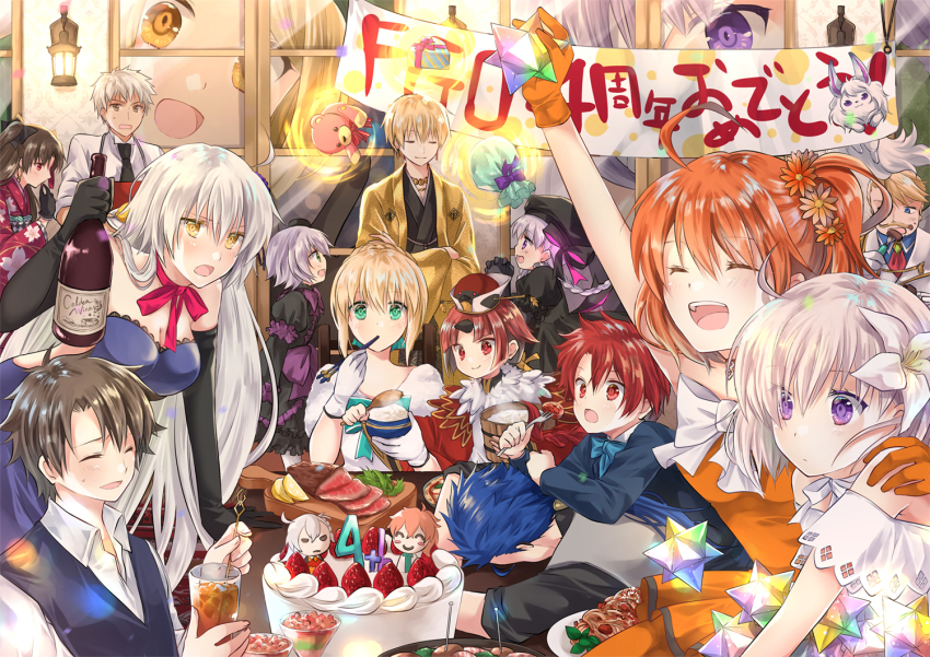 6+boys 6+girls :d ^_^ ahoge alexander_(fate) alexander_(teacher_and_i)_(fate) anniversary archer_(fate) arm_up artoria_pendragon_(fate) banner beni-enma beni-enma_(first_ascension) bird_hat black_dress black_gloves black_hair black_headwear blonde_hair blue_bow blue_dress blue_hair bottle bow bowtie braid braided_bun brown_eyes brown_hair bucket cake chopsticks closed_eyes closed_mouth crossed_arms cu_chulainn_(fate) cu_chulainn_(fate/stay_night) cup cutting_board dress drinking_glass eating elbow_gloves everyone fate/apocrypha fate/extra fate/grand_order fate/stay_night fate_(series) flower food fork formal_clothes fou_(fate) fruit fujimaru_ritsuka_(female) fujimaru_ritsuka_(female)_(starlight_fest) fujimaru_ritsuka_(male) fujimaru_ritsuka_(male)_(anniversary_blonde) fujimaru_ritsuka_(male)_(starlight_fest) gate_of_babylon_(fate) giant giantess gift_bag gilgamesh gilgamesh_(caster)_(fate) gilgamesh_(fate) gilgamesh_(formal_dress)_(fate) gloves goredolf_musik hair_bun hair_flower hair_ornament hat hat_bow holding holding_bottle horns indoors iroha_(shiki) ishtar_(fate) ishtar_(formal_dress)_(fate) jack_the_ripper_(fate/apocrypha) japanese_clothes jeanne_d&#039;arc_(fate) jeanne_d&#039;arc_alter_(avenger)_(fate) jeanne_d&#039;arc_alter_(fate) jeanne_d&#039;arc_alter_(violette_vengeur)_(fate) kimono kingprotea_(fate) lantern lily_(flower) long_hair looking_at_viewer mash_kyrielight mash_kyrielight_(formal_dress) meat multiple_boys multiple_girls noodles nursery_rhyme_(fate) official_alternate_costume olga_marie_animusphere open_mouth orange_dress orange_gloves own_hands_clasped own_hands_together party paul_bunyan_(fate) plate ponytail popped_collar purple_bow purple_eyes purple_hair red_bow red_eyes red_hair romani_archaman saber_(fate) saber_(formal_dress)_(fate) saint_quartz_(fate) shamoji side_ponytail single_horn smile strawberry stuffed_animal stuffed_toy suit teddy_bear vest waist_bow white_bow white_gloves white_hair wine_bottle yellow_eyes yukata