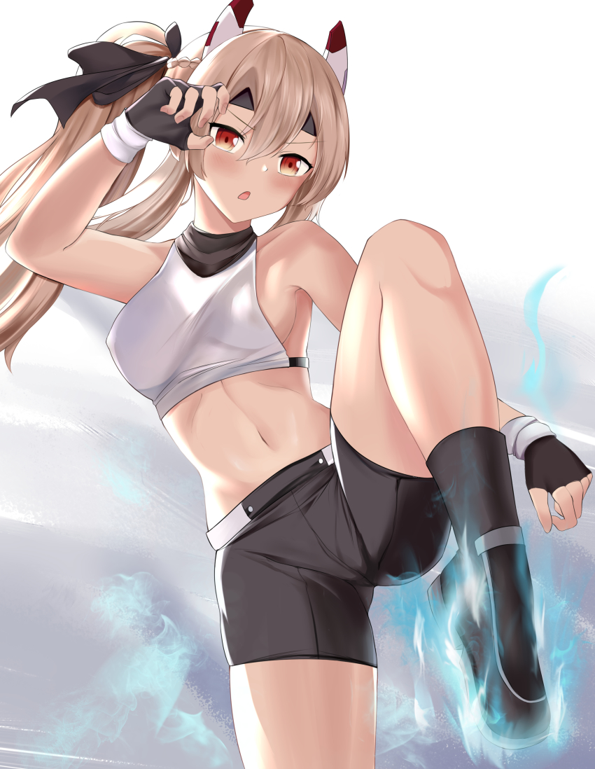 1girl :o absurdres arm_up ayanami_(azur_lane) ayanami_(dynamic_kick!)_(azur_lane) azur_lane bare_shoulders bike_shorts black_boots black_gloves blonde_hair blush boots breasts chinese_commentary commentary_request cowboy_shot crop_top fingerless_gloves fire gloves hair_between_eyes highres long_hair midriff navel open_mouth orange_eyes paid_reward_available ponytail shirt shorts sideboob sidelocks sleeveless sleeveless_shirt small_breasts solo standing standing_on_one_leg white_shirt zdj