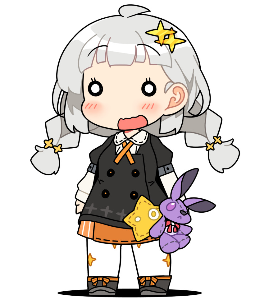 1girl a.i._voice aged_down ahoge black_dress black_shoes blunt_bangs blush braid chibi chibi_only collared_dress commentary_request dress full_body grey_hair hair_ornament highres ini_(inunabe00) kizuna_akari kizuna_akari_(moe) long_sleeves medium_hair neck_ribbon o_o open_mouth orange_ribbon orange_skirt pantyhose print_pantyhose ribbon shoes simple_background skirt solo standing star_(symbol) star_hair_ornament star_print stuffed_animal stuffed_rabbit stuffed_toy twin_braids voiceroid white_background white_pantyhose