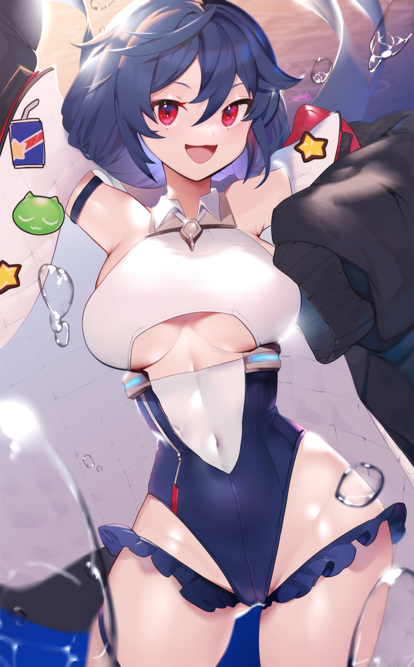 1girl :d aiushi_(lovecowjp) allen_m._sumner_(azur_lane) arm_strap arm_up armpits azur_lane bad_id bad_pixiv_id badge bare_shoulders black_coat black_leotard blue_hair breasts button_badge clothing_cutout coat collared_leotard commentary_request covered_navel cowboy_shot frilled_leotard frills groin hair_between_eyes highres large_breasts leotard long_hair long_sleeves looking_at_viewer low_twintails multicolored_leotard off_shoulder open_clothes open_coat open_mouth partial_commentary red_eyes sidelocks signature sleeves_past_fingers sleeves_past_wrists smile solo standing thigh_strap twintails two-tone_leotard underboob underboob_cutout water_drop white_leotard