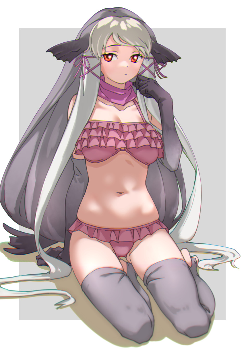 1girl absurdres animal_ears bare_shoulders bikini breasts collarbone commentary elbow_gloves frilled_bikini frills full_body gloves grey_gloves grey_hair grey_thighhighs hair_ribbon highres kemono_friends large_breasts long_hair looking_at_viewer navel pink_bikini pink_ribbon red_eyes ribbon simple_background sitting solo stirrup_legwear stomach swimsuit tanabe_(fueisei) thighhighs toeless_legwear very_long_hair walrus_(kemono_friends) white_hair