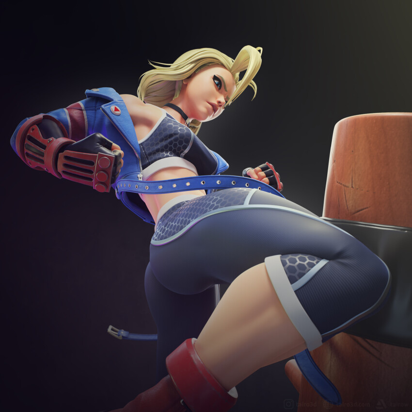 blonde_hair blue_eyes cammy_white capcom choker gauntlets highres jacket kicking mu_ren_zhuang padding simple_background street_fighter wood