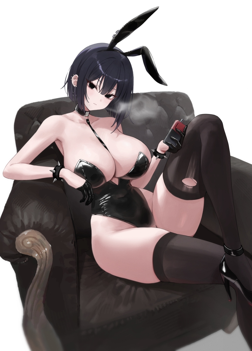 1girl absurdres animal_ears bare_shoulders biya_(1024) black_eyes black_gloves black_hair black_leotard black_shoes black_thighhighs breasts closed_mouth collarbone fake_animal_ears gloves half_gloves high_heels highleg highleg_leotard highres holding large_breasts leather leather_gloves leotard looking_at_viewer original playboy_bunny rabbit_ears shoes simple_background sitting solo thighhighs thighs torn_clothes torn_thighhighs white_background