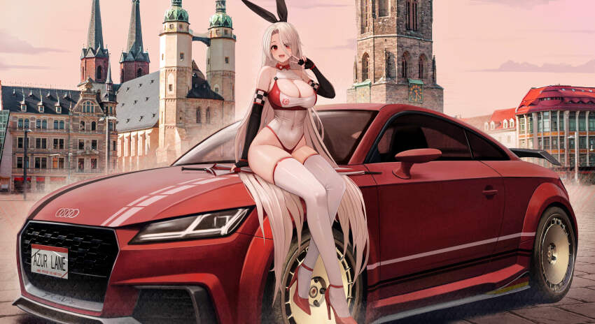 1girl :d absurdres alternate_costume audi audi_tt azur_lane bare_shoulders black_gloves black_ribbon breasts car character_name check_vehicle church cleavage clothes_writing commentary copyright_name covered_collarbone covered_navel dusk elbow_gloves fingerless_gloves full_body germany gloves hair_between_eyes hair_ribbon halle_(city) high_heels highres kcar66t large_breasts leotard license_plate location_request long_hair looking_at_viewer marktkirche_unser_lieben_frauen mole mole_under_eye motor_vehicle multicolored_leotard on_car open_mouth outdoors parted_bangs prinz_heinrich_(azur_lane) product_placement race_queen real_world_location red_car red_eyes red_footwear red_leotard red_nails ribbon sidelocks sitting sitting_on_car skindentation smile solo thighhighs two-tone_leotard v vehicle_request very_long_hair white_hair white_leotard white_thighhighs