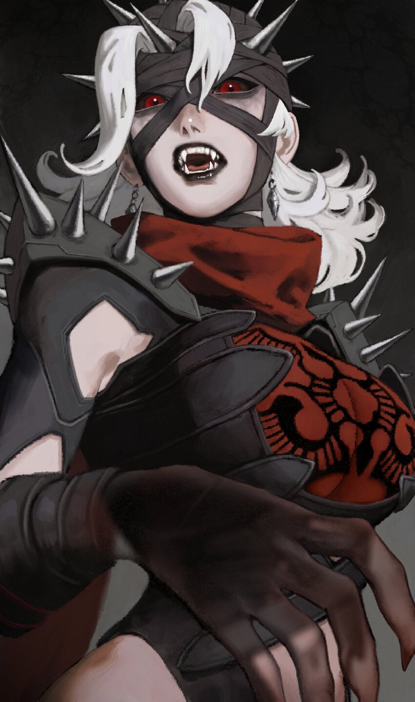 1girl armor bandaged_head bandages black_leotard black_lips black_sclera breasts brown_bodystocking colored_sclera fangs fantastic_four gloves grey_hair head_spikes highleg highleg_leotard highres lapefamm large_breasts leotard long_hair looking_at_viewer malice_(sue_storm) marvel marvel_rivals multicolored_helmet open_mouth red_eyes red_scarf scarf shoulder_spikes solo spiked_armor spiked_helmet spiked_pauldrons spikes sue_storm thong_leotard two-tone_bodysuit