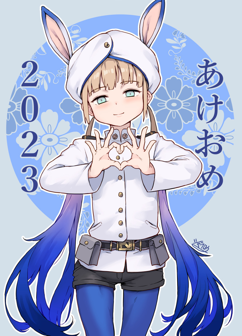 1boy 2023 absurdres animal_ears belt belt_pouch black_belt black_shorts blonde_hair blue_background blue_eyes blue_hair blue_pantyhose buttons captain_nemo_(fate) chinese_zodiac closed_mouth commentary_request cowboy_shot ears_through_headwear fate/grand_order fate_(series) floral_background four-finger_heart_hands gradient_hair grey_background hands_up happy_new_year hat heart heart_hands highres jacket jairou kemonomimi_mode light_blush light_smile long_hair long_sleeves looking_at_viewer low_twintails male_focus military_dress_uniform military_uniform multicolored_hair naval_dress_uniform naval_uniform nemo_(fate) new_year outline pantyhose pouch rabbit_boy rabbit_ears short_shorts shorts shoulder_boards solo straight-on translation_request trap turban twintails very_long_hair white_hat white_jacket white_outline white_turban year_of_the_rabbit