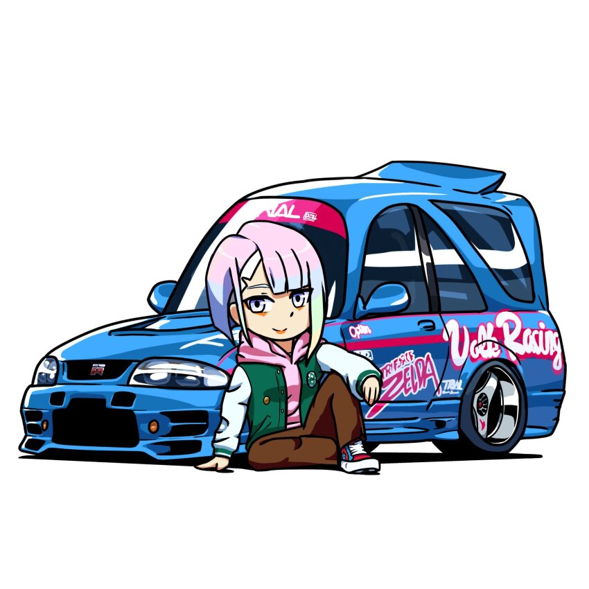 1girl alternate_costume blue_hair brown_pants chibi commentary cyberpunk_(series) cyberpunk_edgerunners duz english_commentary gradient_hair green_hair green_jacket grey_eyes grey_hair highres hood hood_down hoodie jacket letterman_jacket looking_at_viewer lucy_(cyberpunk) multicolored_hair nissan_skyline nissan_skyline_gt-r nissan_skyline_r33 orange_hair pants pink_hoodie red_shoes shadow shoes sitting smile sneakers solo vehicle_focus white_background