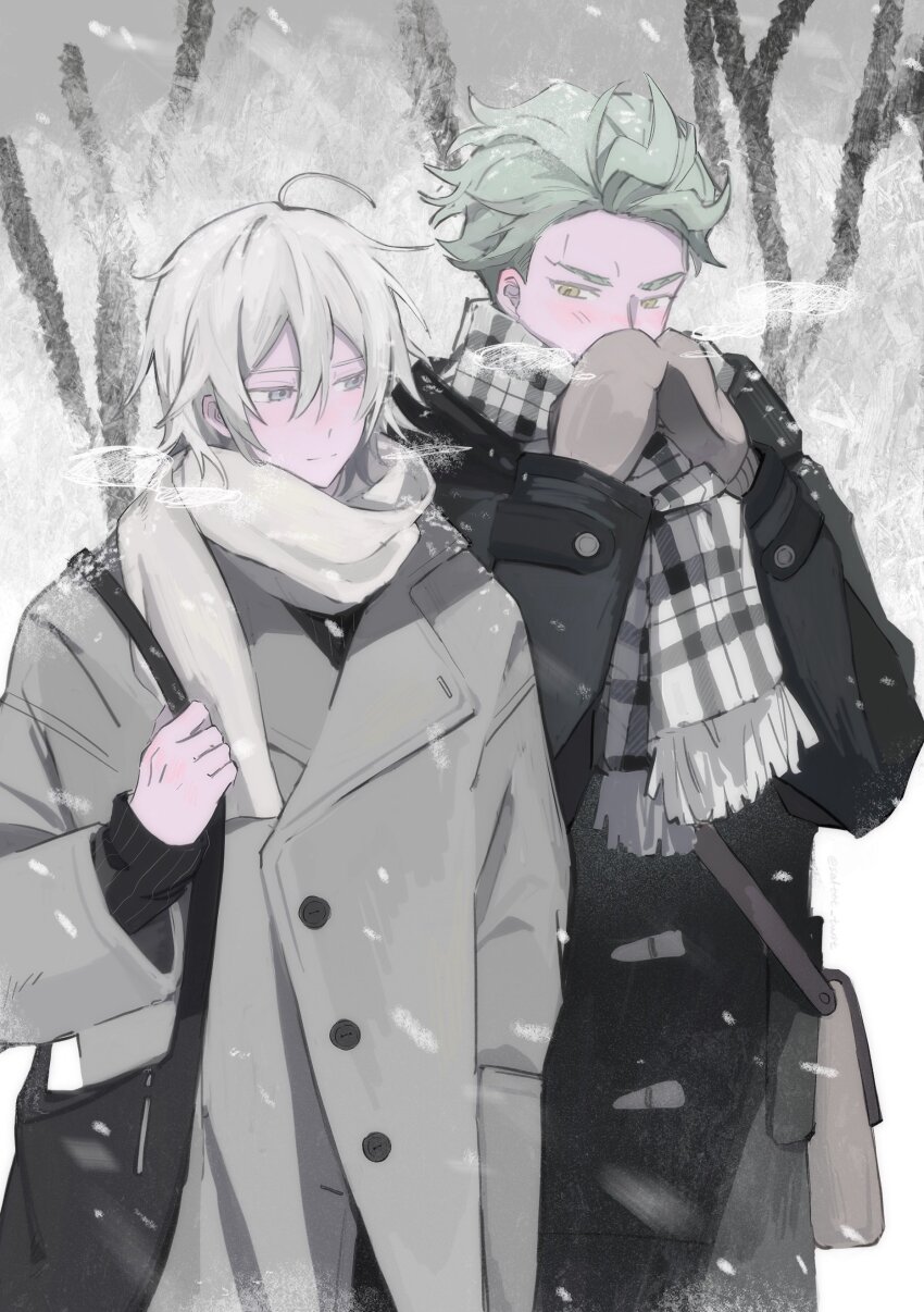 2boys absurdres bag bare_tree black_coat black_shirt coat commentary_request green_hair grey_eyes grey_hair highres male_focus mittens multiple_boys outdoors pinstripe_pattern plaid_clothes plaid_scarf salttt_twst scarf sebek_zigvolt shirt short_hair silver_vanrouge snow tree twisted_wonderland visible_air warming_hands white_scarf winter yellow_eyes