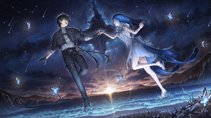 1boy 1girl absurdres angelo_(angeloart26) armlet bare_legs bare_shoulders black_flower black_gloves black_hair black_jacket black_pants blake_bloom_(wuthering_waves) blue_butterfly blue_hair blue_veil breasts bug butterfly commentary dog_tags dress feet flower gloves grey_shirt heel-less_heels highres insect jacket jewelry legs long_hair looking_at_another nebula night night_sky open_mouth pants sandals shirt short_hair sky sleeveless sleeveless_dress sleeves_rolled_up small_breasts smile standing standing_on_one_leg sunrise shorekeeper_(wuthering_waves) toes veil water white_dress wuthering_waves yellow_eyes