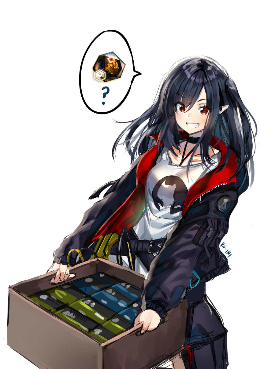 1girl ? absurdres arknights artist_name belt black_coat black_hair box choker closure_(arknights) coat collarbone commentary crate english_commentary female_focus grin highres holding holding_box ku-ini long_hair long_sleeves looking_at_viewer originium_(arknights) red_eyes sharp_teeth shirt simple_background sketch smile solo standing teeth twintails white_background white_shirt
