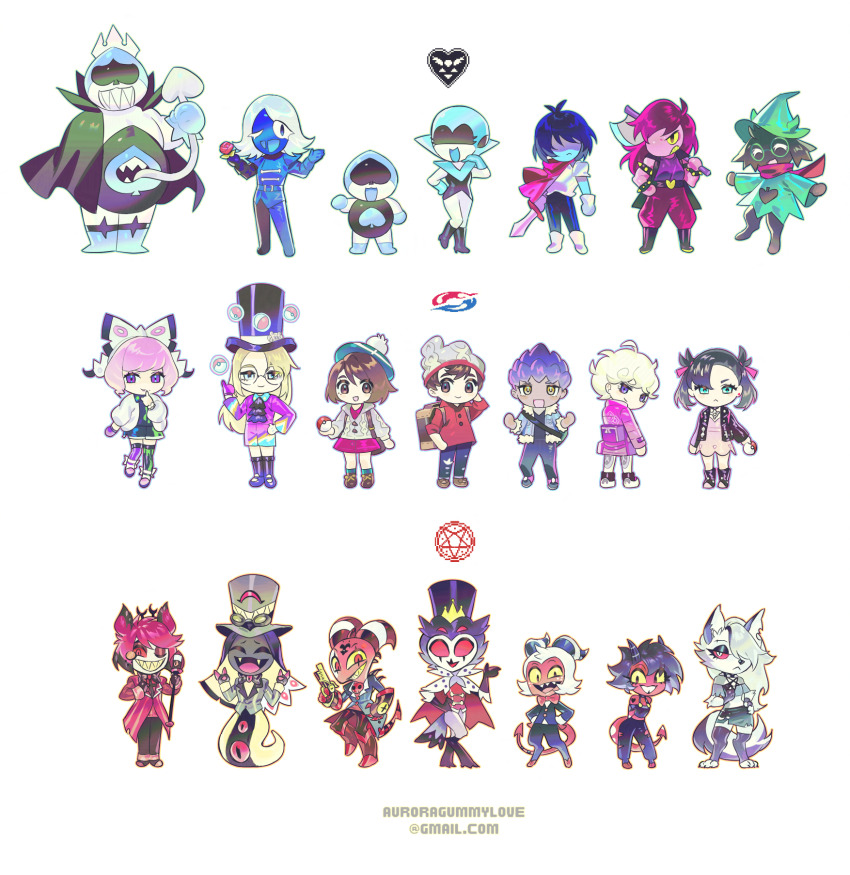 ascot auroragummy avery_(pokemon) backpack bag beanie bede_(pokemon) black_hat blonde_hair bow_hairband cardigan character_request chibi chibi_only coat commentary_request crossover curly_hair dark-skinned_male dark_skin deltarune dress email_address gloria_(pokemon) gloves grey_cardigan hairband hat hazbin_hotel helluva_boss highres holding holding_poke_ball hop_(pokemon) jacket klara_(pokemon) korean_commentary kris_(dark_world)_(deltarune) kris_(deltarune) long_hair marnie_(pokemon) nintendo open_clothes open_jacket pants pink_hair poke_ball poke_ball_(basic) pokemon pokemon_swsh red_shirt shirt shoes shorts single_glove socks standing susie_(dark_world)_(deltarune) susie_(deltarune) tam_o&#039;_shanter telekinesis thighhighs top_hat victor_(pokemon) white_hairband white_jacket