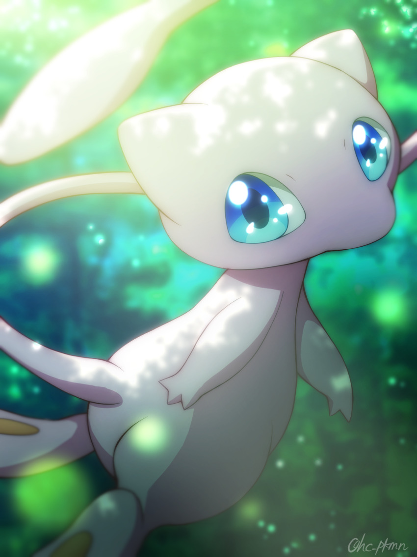 blue_eyes blurry commentary_request day flying from_side gen_1_pokemon highres legendary_pokemon looking_at_viewer mew_(pokemon) monaka_(hc_pkmn) mythical_pokemon nintendo no_humans outdoors pokemon pokemon_(creature) solo watermark