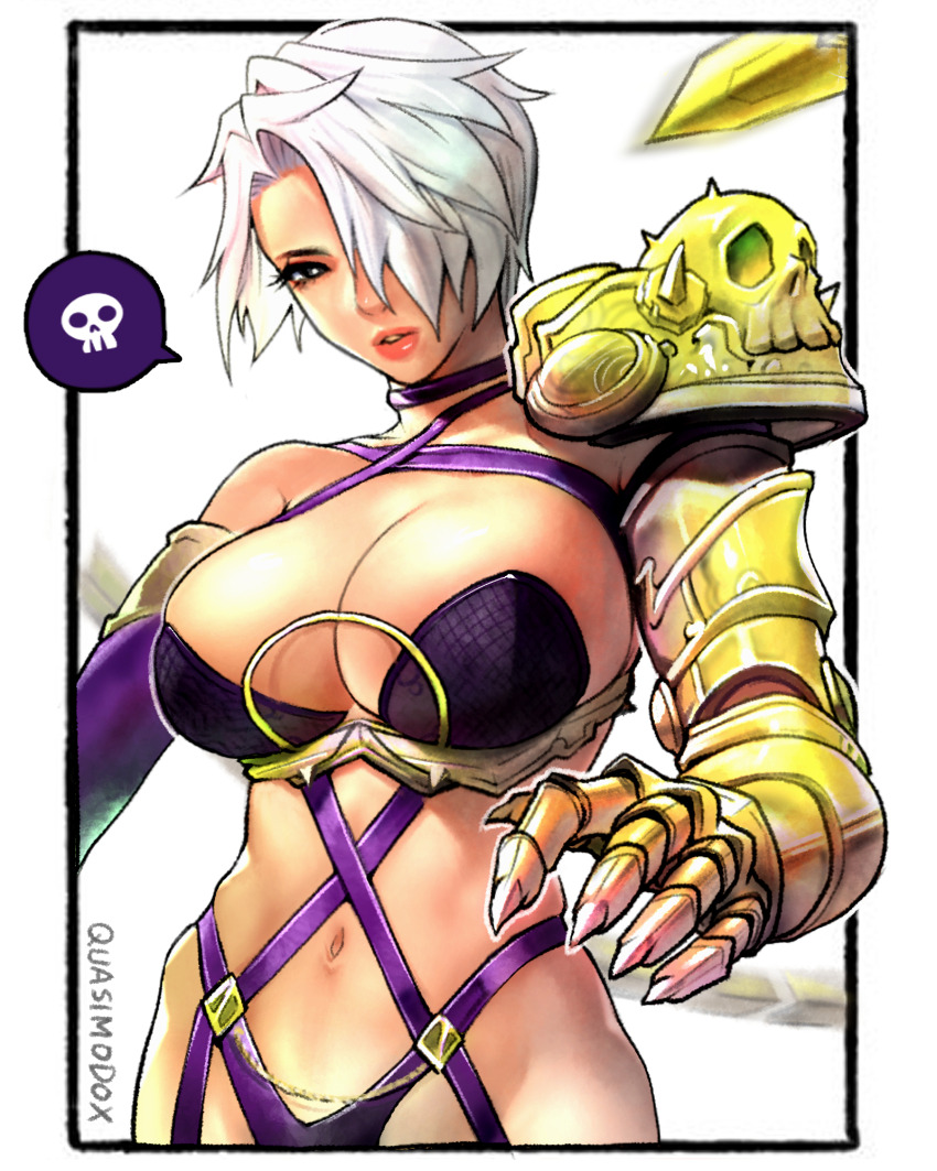 1girl artist_name black_eyes breasts cleavage gauntlet hair_over_one_eye highres isabella_valentine large_breasts looking_at_viewer navel parted_lips pink_lips quasimodox seductive_gaze solo soul_calibur spoken_skull toned weapon white_hair