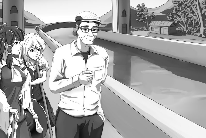 1boy 2girls black_pants breasts bridge canal collared_shirt commentary cup english_commentary fine_art_parody greyscale hakurei_reimu hand_in_pocket highres holding holding_cup holding_weapon kirisame_marisa long_hair looking_at_viewer medium_breasts monochrome multiple_girls outdoors pants parody real_life rectangular_eyewear shirt short_hair snakfusker touhou tree walking weapon wide_sleeves zun