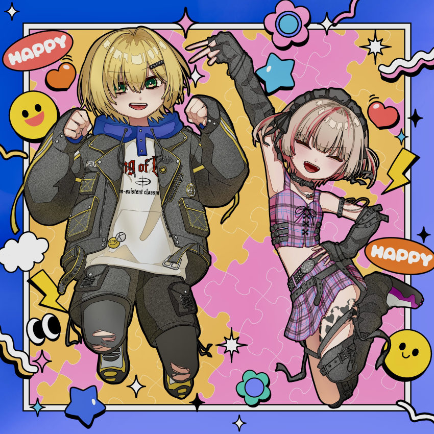 1boy 1girl absurdres alternate_headwear arm_belt arm_strap arm_up bare_shoulders belt belt_buckle black_arm_warmers black_belt black_bow black_collar black_headdress black_jacket black_leg_warmers black_leggings black_shorts black_straps blonde_hair blue_border blue_hood blunt_bangs blush boots border bow buckle caution chain chain_bracelet chain_necklace closed_eyes clothes_writing collar collarbone colored_inner_hair crop_top cross-laced_clothes cross-laced_top drawstring fangs fingerless_gloves full_body gloves green_eyes grey_hair hair_bow hair_intakes hair_ornament hair_over_one_eye hairclip hand_on_own_hip hands_up harness highres hood hood_down hoodie jacket jewelry jumping lapels leg_belt leg_tattoo leg_warmers leggings legs_folded looking_at_viewer loose_belt maid_headdress makaino_ririmu makaino_ririmu_(6th_costume) midriff miniskirt multicolored_hair multiple_belts necklace nijisanji no_headwear no_jacket notched_lapels o-ring o-ring_collar o-ring_thigh_strap open_belt open_clothes open_jacket open_mouth outside_border outstretched_arm pendant pink_background pink_hair pink_manzyu2 pink_shoes pink_skirt plaid_clothes plaid_skirt pleated_skirt pocket pointy_ears print_hoodie red_eyes shoes short_hair shorts skirt sleeveless sleeves_past_wrists smile spiked_collar spikes streaked_hair studded_belt tattoo thigh_strap torn_clothes torn_leggings twisted_torso two_side_up unzipped uzuki_kou uzuki_kou_(5th_costume) v v-shaped_eyebrows virtual_youtuber white_boots white_hoodie winged_heart winged_heart_tattoo wolf_cut yellow_background yellow_trim zipper_top