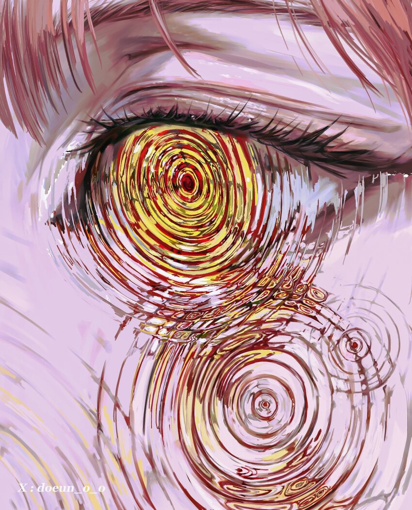 1girl chainsaw_man close-up doeun_o_o eye_focus highres makima_(chainsaw_man) red_hair ringed_eyes ripples solo twitter_username yellow_eyes