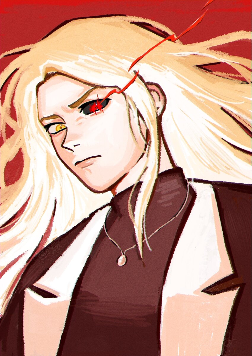 1girl absurdres anna_croft black_sclera black_shirt blonde_hair coat colored_sclera dokjasepilogue flaming_eye glowing glowing_hair head_tilt heterochromia high_collar highres jewelry long_hair looking_at_viewer necklace omniscient_reader&#039;s_viewpoint open_clothes open_coat portrait red_eyes shirt solo yellow_eyes