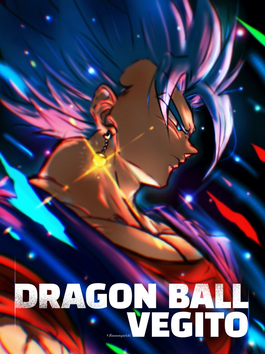 1boy black_background blue_eyes blue_hair blue_shirt character_name copyright_name dragon_ball dragon_ball_super earrings ham5037 highres jewelry male_focus medium_hair muscular muscular_male orange_shirt potara_earrings profile shirt solo spiked_hair super_saiyan super_saiyan_blue upper_body vegetto