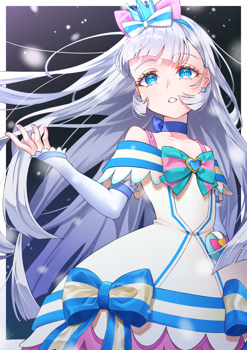 1girl aboreen arm_warmers blue_choker blue_eyes blue_hairband bowtie brooch choker crown crown_earrings cure_nyammy dress earrings hairband heart heart_brooch jewelry long_hair magical_girl mini_crown nekoyashiki_yuki off-shoulder_dress off_shoulder open_mouth precure solo striped_bow striped_bowtie striped_clothes white_dress white_hair wonderful_precure!