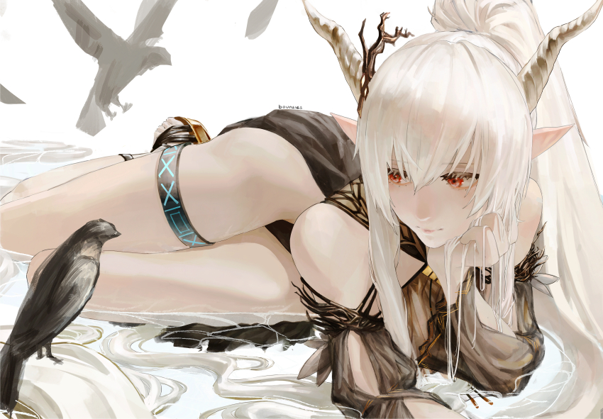1girl absurdres arknights arm_rest artist_name bare_shoulders bird black_one-piece_swimsuit bounsies commentary demon_girl demon_horns detached_sleeves expressionless hair_between_eyes hair_spread_out highres horns infection_monitor_(arknights) long_hair looking_at_animal looking_to_the_side lying lying_on_water official_alternate_costume on_side one-piece_swimsuit pointy_ears ponytail red_eyes sandals shining_(arknights) shining_(silent_night)_(arknights) solo swimsuit thigh_strap thighs very_long_hair water white_background white_hair