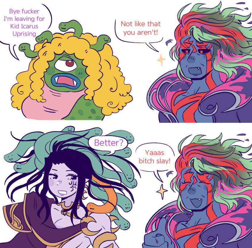 1boy 1girl black_hair black_sclera blonde_hair colored_sclera colored_skin fangs green_hair green_skin hades_(kid_icarus) highres hoshizora_lone kid_icarus kid_icarus_(nes) kid_icarus_uprising medusa_(kid_icarus) meme multicolored_hair nintendo one-eyed purple_skin snake_hair two-tone_hair yas_bitch_slay_(meme)
