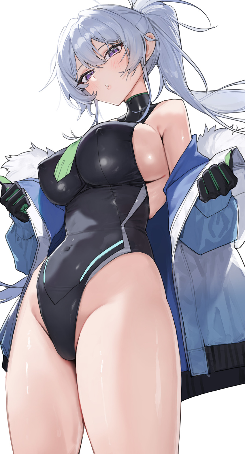 1girl absurdres bare_shoulders black_gloves black_leotard blue_jacket blush breasts covered_erect_nipples covered_navel cowboy_shot double-parted_bangs ephnel floating_hair fur-trimmed_jacket fur_trim gloves green_necktie grey_hair groin hair_between_eyes halter_leotard halterneck highleg highleg_leotard highres jacket large_breasts leotard long_hair long_sleeves looking_at_viewer looking_down necktie off_shoulder open_clothes open_jacket opened_by_self parted_lips ponytail puffy_long_sleeves puffy_sleeves purple_eyes sideboob simple_background solo soulworker standing sway_back tunamayo_(dsasd751) white_background