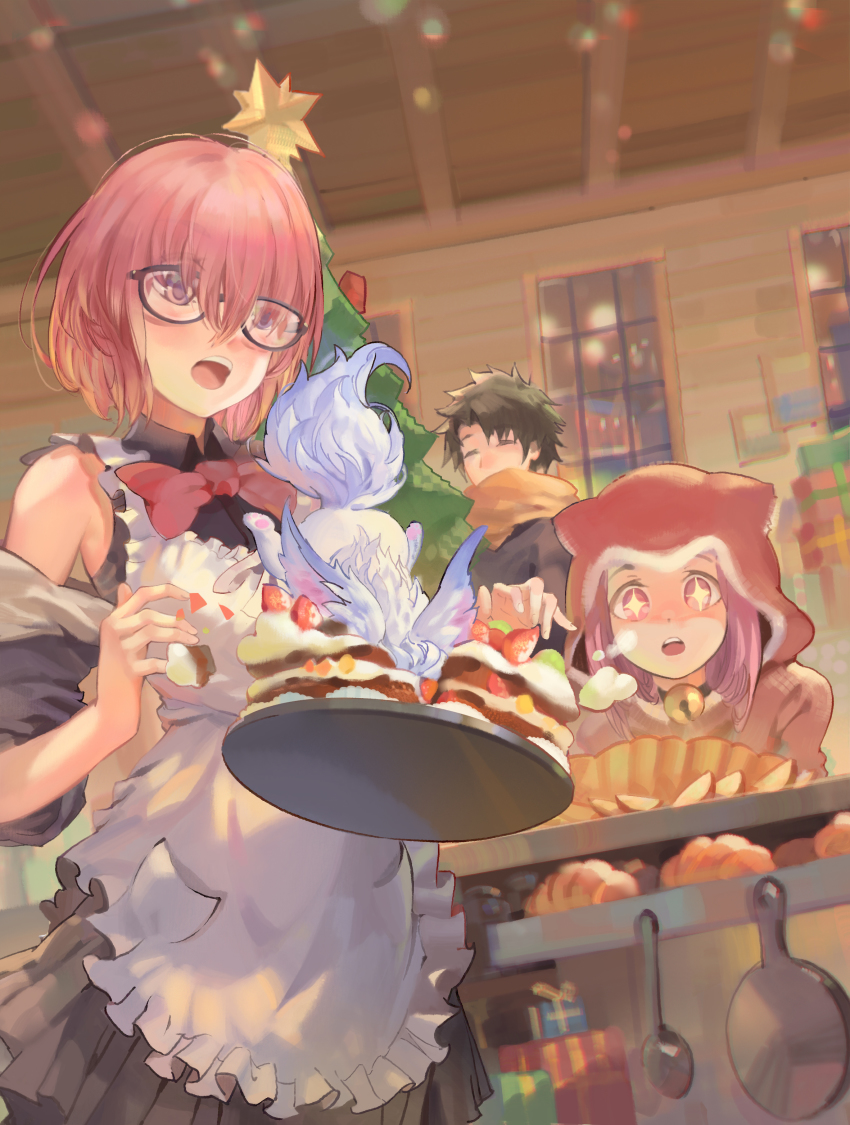 +_+ 1boy 2girls :o absurdres apron bell black-framed_eyewear black_dress black_hair bow bowtie cake christmas christmas_tree chromatic_aberration closed_eyes collar commentary creature dress fate/grand_order fate_(series) food fou_(fate) fujimaru_ritsuka_(male) fujimaru_ritsuka_(male)_(true_ether_chaldea_uniform) gift glasses highres hood hood_up indoors mash_kyrielight medusa_(fate) medusa_(lancer)_(fate) medusa_(rider)_(fate) multiple_girls neck_bell official_alternate_costume open_mouth pink_hair psi_(583278318) purple_eyes red_bow red_neckwear rider scarf short_hair sweater white_apron