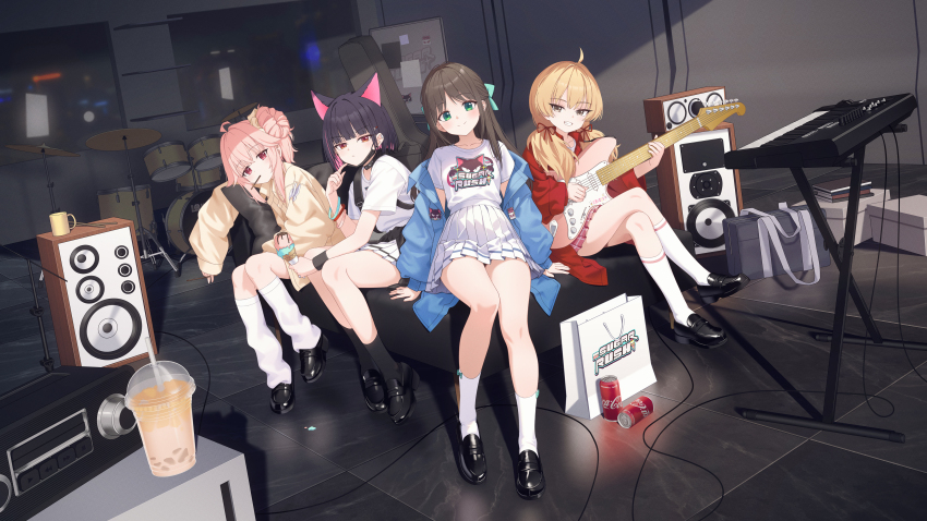 4girls absurdres after-school_sweets_club_(blue_archive) ahoge airi_(band)_(blue_archive) airi_(blue_archive) amplifier bag black_footwear black_hair black_jacket black_socks blonde_hair blue_archive blue_jacket blush closed_mouth colored_inner_hair cup dinyc drink drinking_glass drum electric_guitar green_eyes green_halo grin guitar halo highres holding holding_instrument indoors instrument jacket jacket_on_shoulders kazusa_(band)_(blue_archive) kazusa_(blue_archive) keyboard_(instrument) long_hair long_sleeves looking_at_viewer mouth_hold multicolored_hair multiple_girls natsu_(band)_(blue_archive) natsu_(blue_archive) official_alternate_costume open_clothes open_jacket pink_hair pink_halo pink_skirt pleated_skirt red_eyes red_jacket school_bag shirt shoes short_hair short_sleeves skirt smile socks white_shirt white_skirt white_socks yellow_eyes yellow_halo yellow_jacket yoshimi_(band)_(blue_archive) yoshimi_(blue_archive)