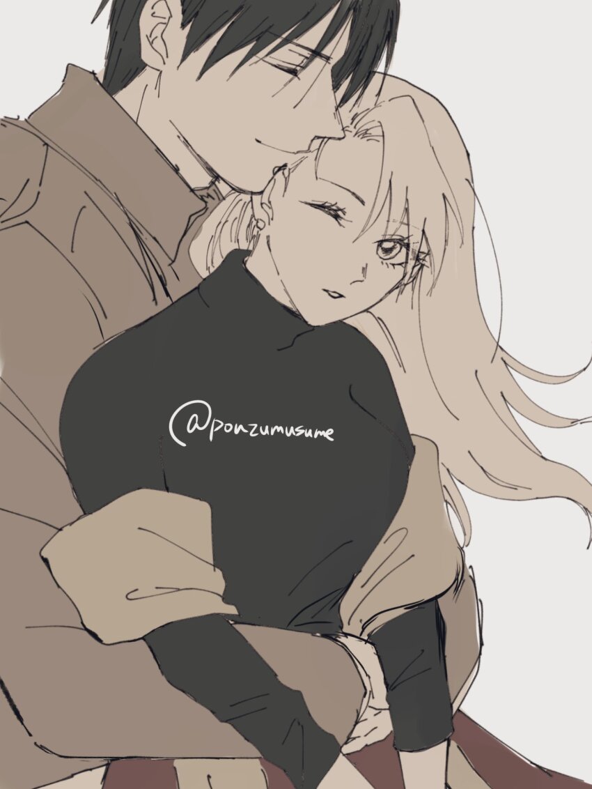 1boy 1girl ^_^ closed_eyes earrings fullmetal_alchemist highres hug hug_from_behind jewelry long_hair one_eye_closed ponzumusume riza_hawkeye roy_mustang short_hair sweater turtleneck turtleneck_sweater twitter_username upper_body