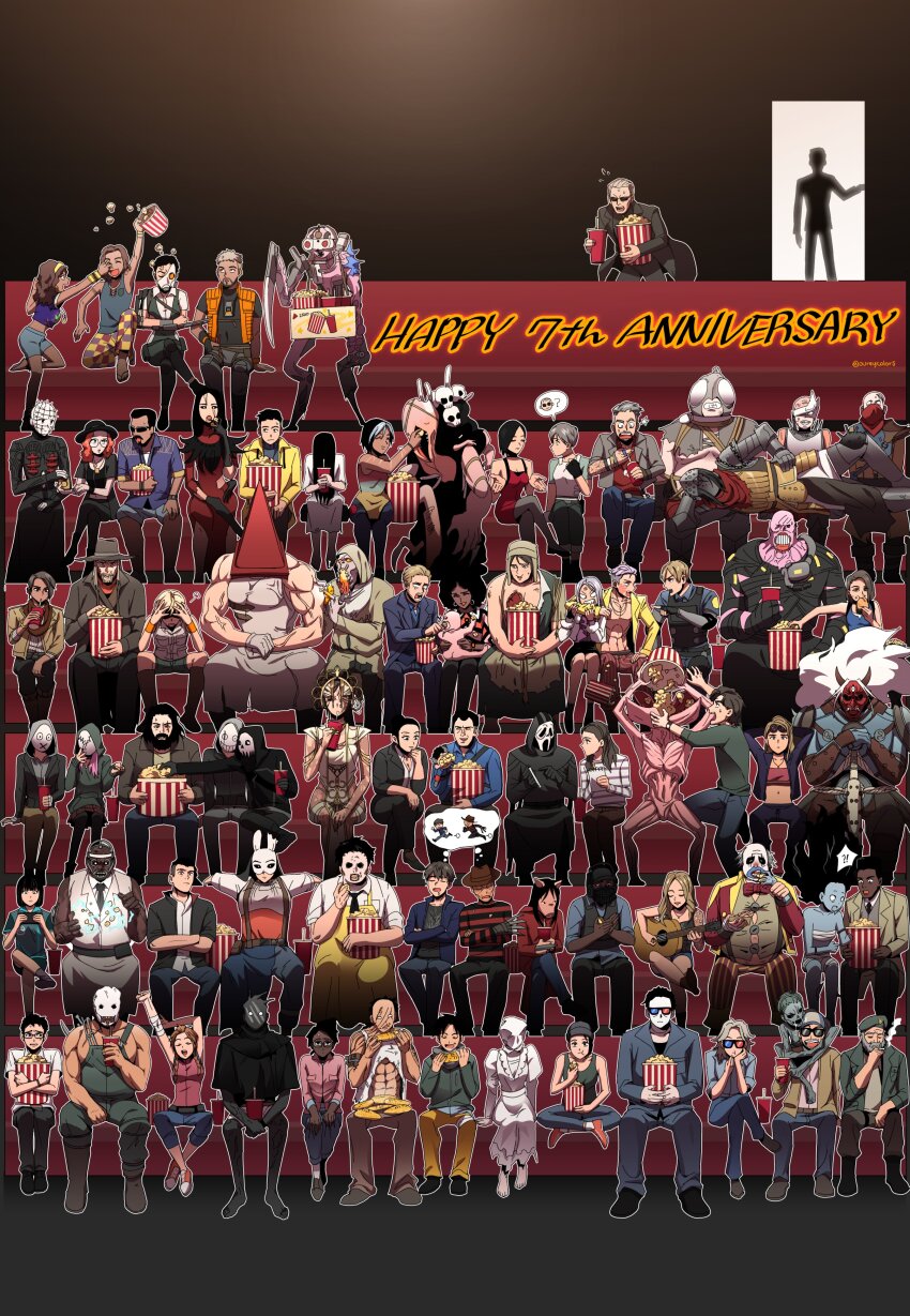 !? 2others 3d_glasses 6+boys 6+girls a_nightmare_on_elm_street absurdres ace_visconti ada_wong adam_francis adiris adriana_imai albert_wesker alejandro_santiago amanda_young anniversary apron arm_around_neck arm_tattoo armor asakawa_yoichi ashley_j_williams beanie beard beret bill_(left_4_dead) bill_overbeck black_hair blonde_hair bubba_sawyer caleb_quinn charlotte_deshayes claudette_morel clown collared_shirt cowboy_hat crossed_arms crossed_legs danny_johnson dark-skinned_female dark-skinned_male dark_skin david_king_(dead_by_daylight) david_tapp dead_by_daylight demogorgon drink drinking durkos_malecek dwight_fairfield eating elliot_spencer elodie_rakoto facial_hair felix_richter feng_min food frank_morrison freddy_krueger gabriel_soma ghostface glasses grey_hair guitar haddie_kaur halloween_(movie) happy_anniversary hat heather_mason hellraiser herman_carter heterochromatic_eyewear highres holding holding_notepad hux-a7-13 instrument jake_park jane_romero jeffrey_johansen jewelry jill_valentine joey_cadogan jonah_vasquez julie_kostenko jumpsuit kate_denson kimura_yui laurie_strode leatherface lee_yun-jin left_4_dead left_4_dead_1 leon_s._kennedy long_coat mask meg_thomas michael_myers mikaela_reid military_hat movie_theater multiple_boys multiple_girls multiple_others music mustache nancy_wheeler nea_karlsson necklace necktie nemesis_t-type notepad orange_hair orange_vest ourey pig_mask pinhead pink_hair playing_instrument popcorn pyramid_head quentin_smith rabbit_mask rebecca_chambers renato_lyra resident_evil resident_evil_3:_nemesis resident_evil_3_(remake) sander_rault saw_(movie) scream_(movie) shared_thought_bubble shirt shorts silent_hill_(series) silent_hill_2 silent_hill_3 sitting smoking speech_bubble spoken_interrobang steve_harrington stranger_things sunglasses susie_lavoie talbot_grimes tank_top tarhos_kovacs tattoo thalita_lyra the_artist_(dead_by_daylight) the_clown_(dead_by_daylight) the_dredge_(dead_by_daylight) the_hag_(dead_by_daylight) the_hillbilly_(dead_by_daylight) the_huntress_(dead_by_daylight) the_legion_(dead_by_daylight) the_nurse_(dead_by_daylight) the_oni_(dead_by_daylight) the_ring the_spirit_(dead_by_daylight) the_texas_chainsaw_massacre the_trapper_(dead_by_daylight) the_trickster_(dead_by_daylight) the_wraith_(dead_by_daylight) thought_bubble tinted_eyewear vest victor_deshayes vittorio_toscano wristband yamamura_sadako zarina_kassir