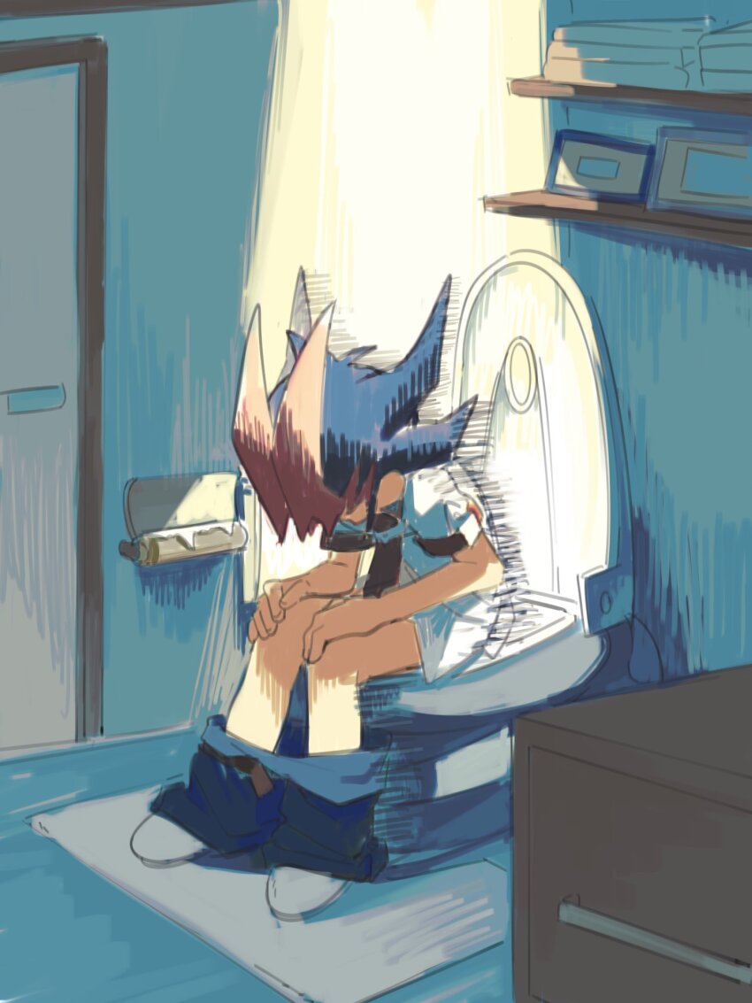 1boy ashita_no_joe bare_legs bathroom belt black_hair black_pants bottomless clothes_pull colored_bangs crack_of_light dappled_sunlight depressed dress_shirt drop_shadow embarrassed faceless faceless_male facing_to_the_side hands_on_own_knees highres hunched_over indoors kailanzi leaning_forward light_rays looking_at_self looking_down male_focus meme necktie no_toilet_paper on_toilet open_belt pants pants_around_ankles pants_pull parody partially_undressed picture_frame red_necktie rug shelf shirt sitting socks spiked_hair sunlight toilet toilet_paper toilet_paper_tube towel tsukumo_yuma untucked_shirt white_shirt white_socks yabuki_joe_in_a_chair_(meme) yu-gi-oh! yu-gi-oh!_zexal