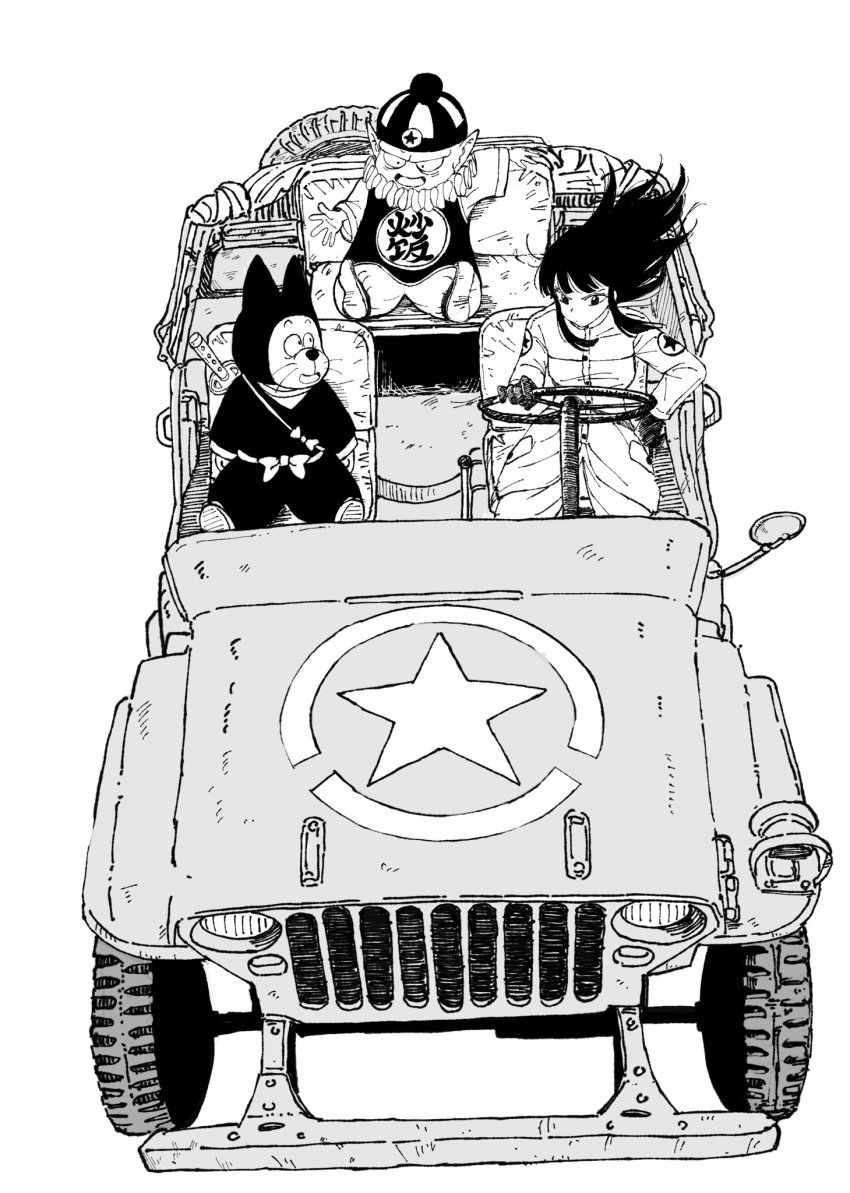 1girl 2boys :d bow breasts buttons car closed_mouth coat commentary_request dragon_ball dragon_ball_(classic) driving frown gloves grey_background greyscale hat highres kajino_(aosansai) katana left-hand_drive long_hair long_sleeves looking_at_another mai_(dragon_ball) military_jeep monochrome motor_vehicle multiple_boys open_mouth pilaf rear-view_mirror shoes shuu_(dragon_ball) simple_background sitting smile snout star_(symbol) steering_wheel sword vehicle_focus weapon weapon_on_back whiskers