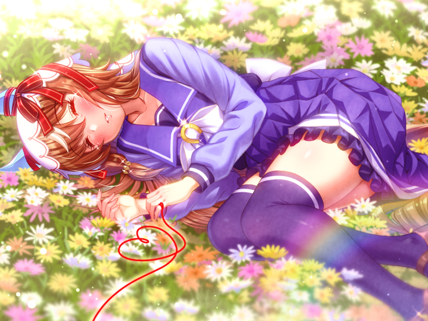 1girl animal_ears blush bow bowtie breasts brown_hair closed_eyes collarbone ear_covers ear_ribbon field flower flower_field grass hair_between_eyes hair_ornament highres horse_ears horse_girl horse_tail long_hair long_sleeves lying on_side parted_lips purple_sailor_collar purple_serafuku purple_shirt purple_skirt purple_thighhighs sailor_collar sailor_shirt school_uniform serafuku shirt skirt still_in_love_(umamusume) string string_of_fate sugimotty_nova tail thighhighs tracen_school_uniform umamusume veil white_bow white_bowtie white_veil