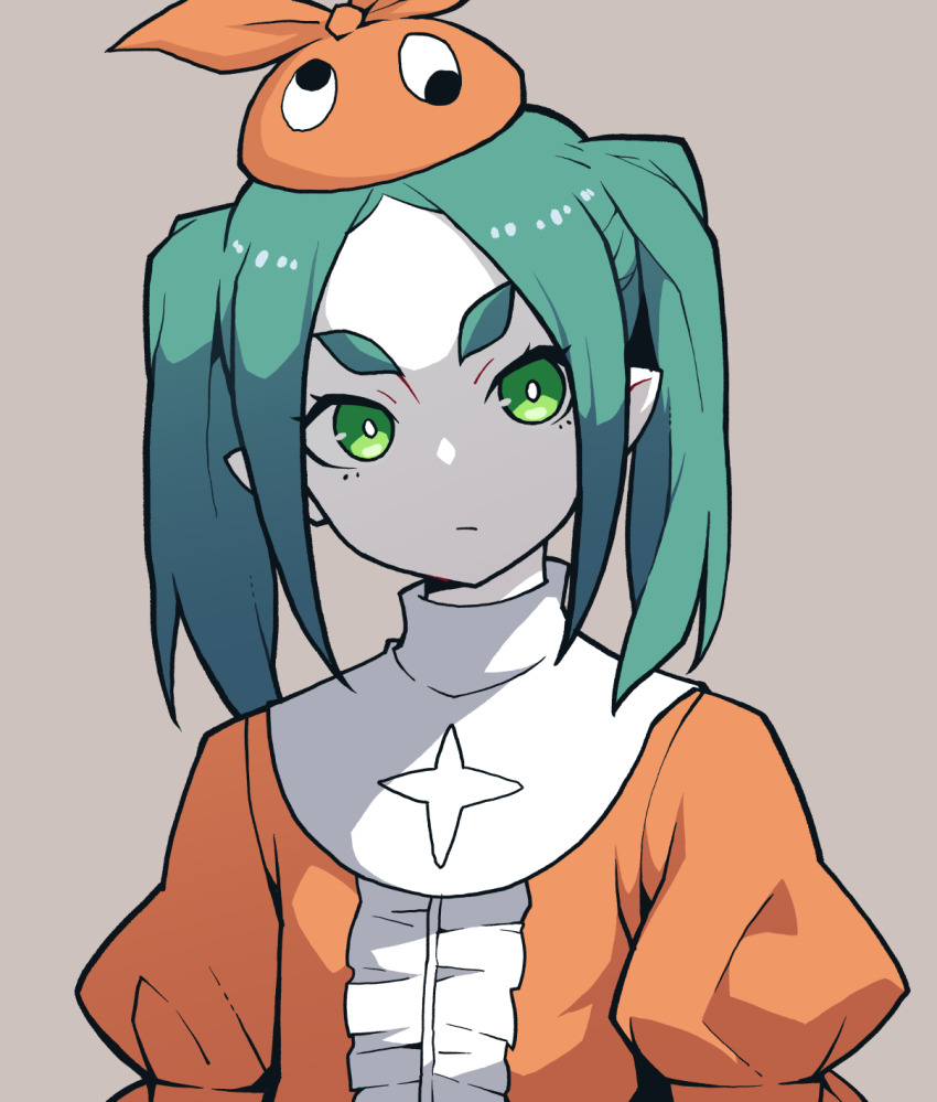 1girl :| akableak aqua_hair arms_at_sides bright_pupils close-up closed_mouth commentary dot_mouth dress english_commentary expressionless eyelashes googly_eyes green_eyes grey_background hat highres hikimayu long_hair looking_at_viewer monogatari_(series) ononoki_yotsugi orange_dress orange_hat pale_skin pointy_ears portrait puffy_short_sleeves puffy_sleeves short_eyebrows short_sleeves sidelocks simple_background solo thick_eyebrows upper_body white_pupils white_trim