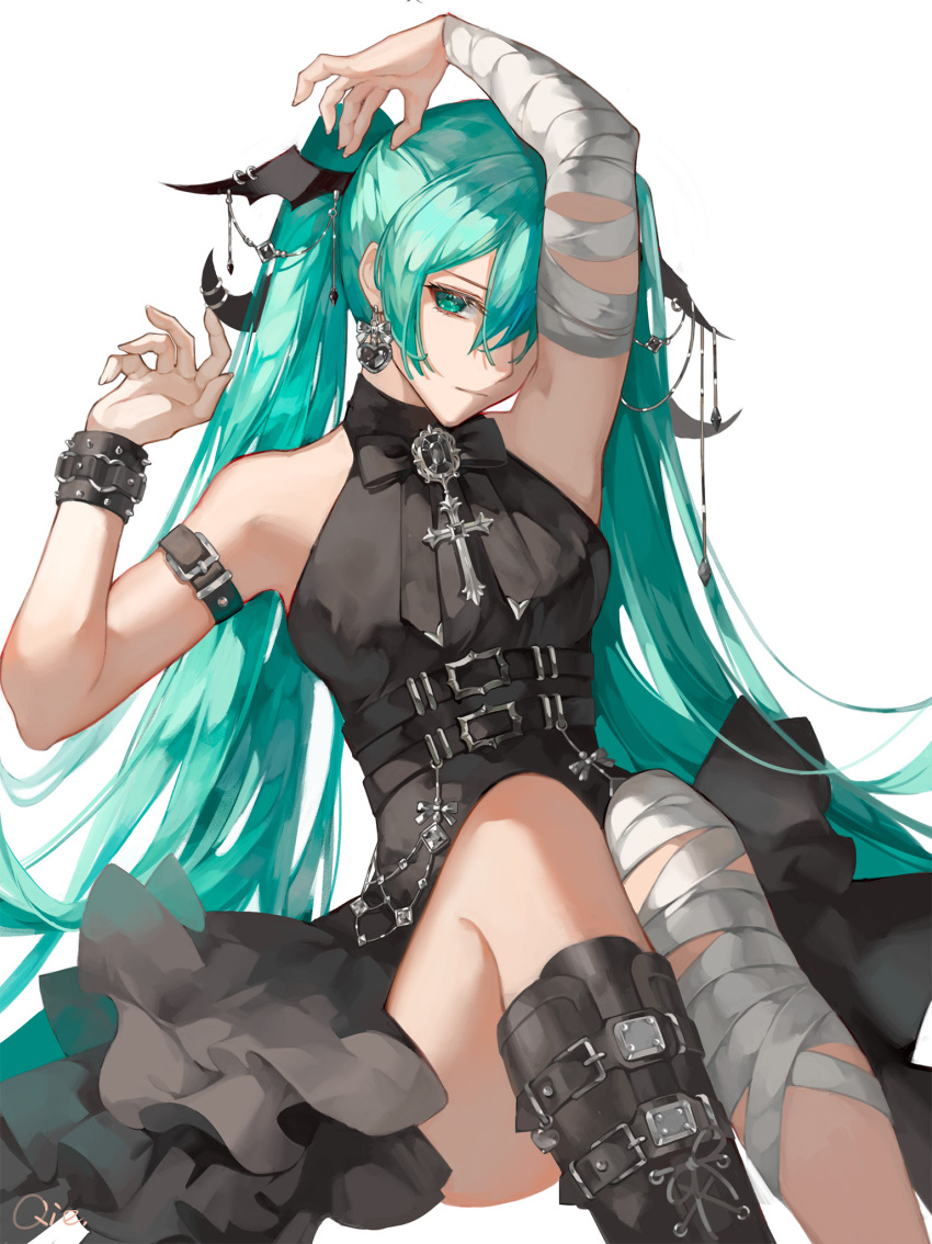 1girl aqua_eyes aqua_hair arm_strap armpits bandaged_arm bandaged_leg bandages black_dress boots collared_shirt commentary cross cross-section dress feet_out_of_frame frilled_dress frills goth_fashion halter_dress halterneck hashtag-only_commentary hatsune_miku highres looking_at_viewer out_of_frame qie serious shirt simple_background sitting solo strap symbol-only_commentary twintails vocaloid white_background