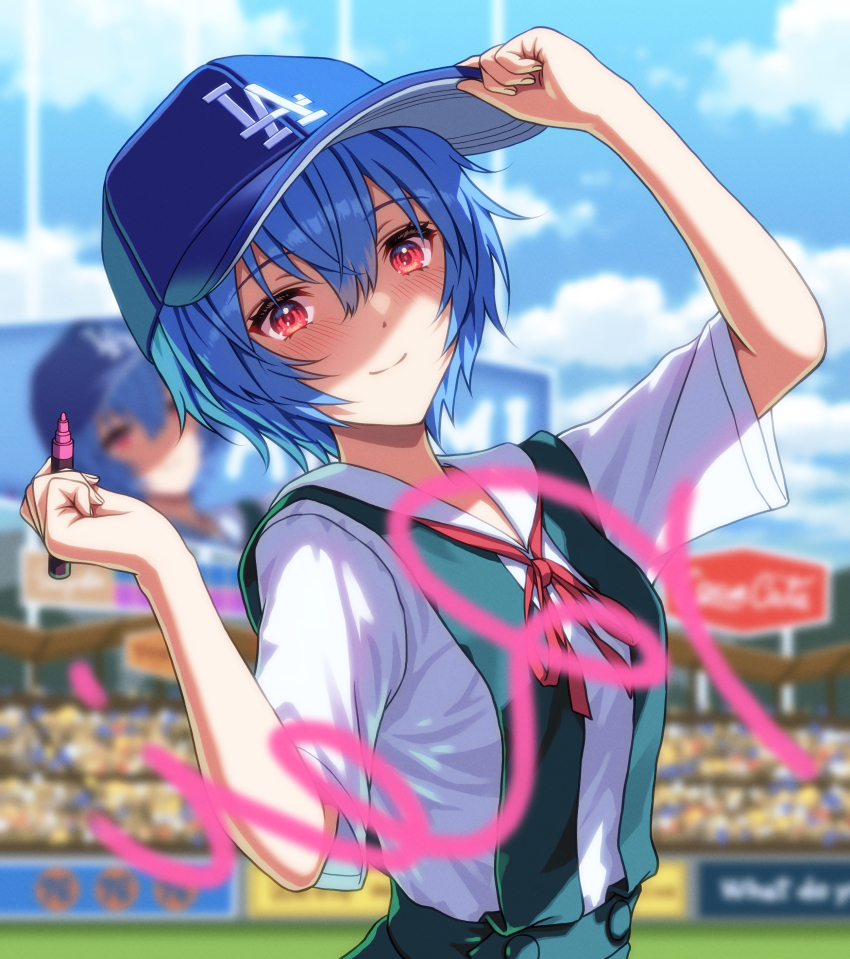 1girl absurdres adjusting_clothes adjusting_headwear aqua_skirt ayanami_rei baseball_cap baseball_field baseball_stadium blue_hair blue_hat blue_sky blurry blurry_background blush bow bowtie breasts character_name closed_mouth cloud coca-cola collared_shirt commentary crowd cursive depth_of_field dodger_stadium dress_shirt eyelashes from_side hair_between_eyes hands_up hat highres holding holding_marker light_smile looking_at_viewer looking_to_the_side los_angeles_dodgers marker medium_breasts mirrored_text neck_ribbon neon_genesis_evangelion red_bow red_bowtie red_eyes red_ribbon ribbon sailor_collar school_uniform shirt short_hair short_sleeves sign signature skirt sky smile solo stadium standing suspender_skirt suspenders tokyo-3_middle_school_uniform upper_body white_sailor_collar white_shirt writing yahha