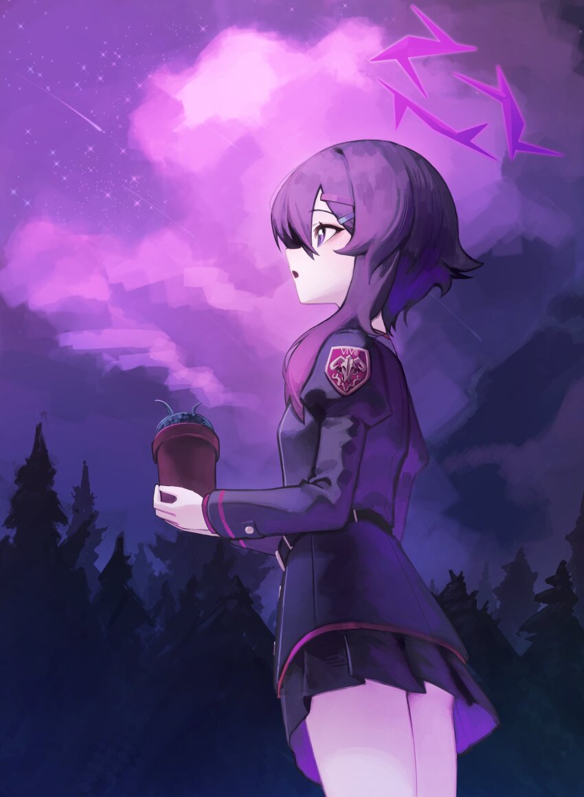 1girl absurdres black_jacket black_skirt blue_archive cloud commentary flower_pot from_side hair_ornament hairclip halo haruka_(blue_archive) highres holding holding_flower_pot jacket juliet_sleeves long_sleeves miniskirt night outdoors parted_lips pleated_skirt profile puffy_sleeves purple_eyes purple_hair purple_sky shooting_star skirt sky solo star_(sky) symbol-only_commentary tree yoon_cook