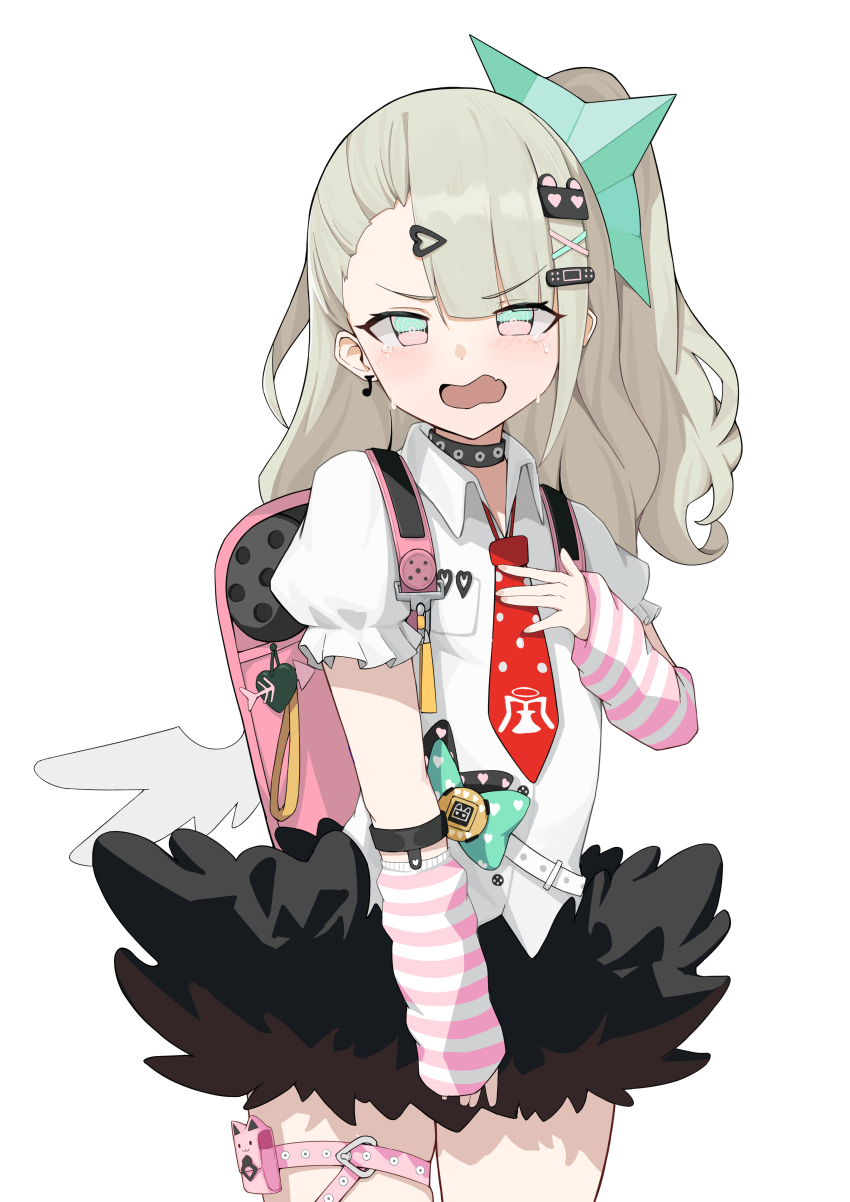 1girl absurdres arm_warmers asymmetrical_bangs backpack badge bag black_skirt blush bow button_badge charm_(object) collar collared_shirt cowboy_shot detached_sleeves earrings frills hair_bow hair_ornament hairclip heart heart_hair_ornament highres jewelry leg_ribbon long_hair looking_at_viewer necktie one_side_up open_mouth puffy_short_sleeves puffy_sleeves quan_mai_huo_mianbao randoseru red_necktie ribbon safety_pin shirt short_sleeves simple_background skirt solo standing striped_sleeves tearing_up tears thigh_strap virtual_youtuber white_background white_shirt wings x_hair_ornament zenless_zone_zero