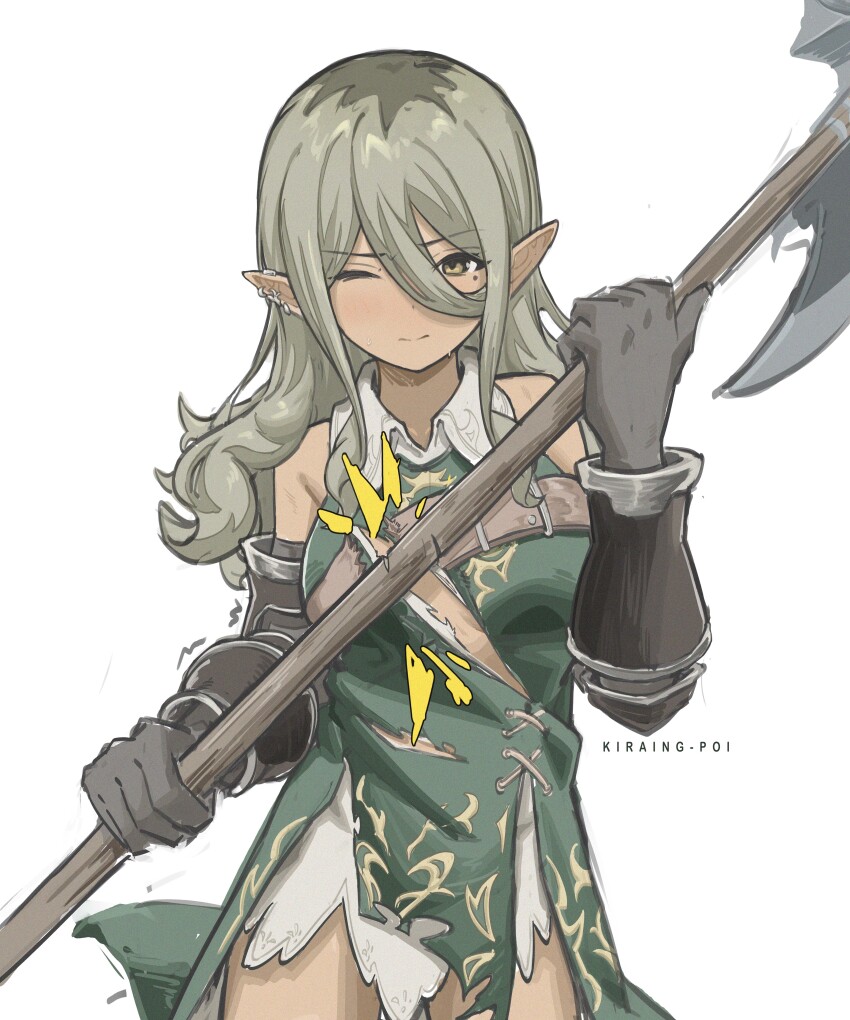 1girl absurdres artist_name bare_shoulders breasts brown_eyes chest_belt chinese_commentary closed_mouth collared_dress commentary_request cowboy_shot cross-laced_clothes cross-laced_dress dark-skinned_female dark_elf dark_skin dress ear_piercing elf girls_band_cry girls_band_cry_rpg gloves green_dress grey_gloves grey_hair halberd hands_up highres holding holding_polearm holding_weapon kiraing_poi long_hair looking_at_viewer medium_breasts mole mole_under_eye multicolored_hair multiple_piercings notice_lines official_alternate_hair_length official_alternate_hairstyle one_eye_closed piercing pointy_ears polearm raised_eyebrows roots_(hair) rupa_(girls_band_cry) short_dress side_slit simple_background sleeveless sleeveless_dress solo split_mouth standing straight-on sweatdrop torn_clothes torn_dress trembling two-handed two-tone_hair vambraces weapon white_background wing_collar