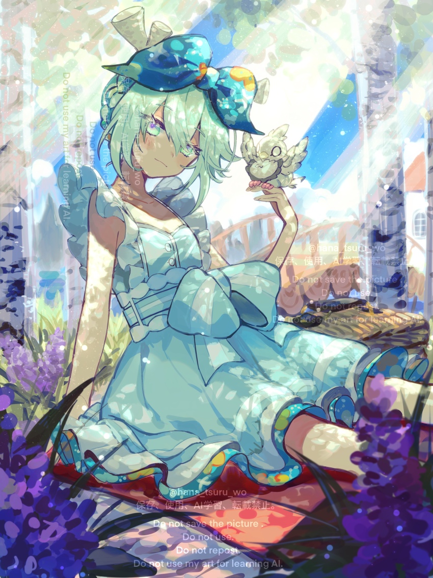 1girl absurdres aqua_eyes aqua_hair bare_shoulders bird blue_dress blue_ribbon blush bow breasts dress fate/grand_order fate_(series) hair_between_eyes hair_ribbon highres looking_at_viewer louhi_(fate) louhi_(first_ascension)_(fate) ribbon short_hair sidelocks sitting small_breasts smile solo sugomori_tsuru_(hana_tsuru_wo) tree