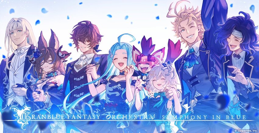 1other 3girls 4boys :d ahoge ascot belt black_vest blonde_hair blue_eyes blue_hair blue_jacket blue_vest blunt_bangs bow breasts brown_hair cassius_(granblue_fantasy) choker cleavage closed_eyes commentary_request company_name cowboy_shot curly_hair dragon draph earrings english_text formal_clothes galleon_(granblue_fantasy) gradient_hair granblue_fantasy hair_between_eyes hair_bow hair_ornament hairpin holding_hands horns huge_breasts jacket jewelry long_hair looking_at_viewer lyria_(granblue_fantasy) messy_hair minaba_hideo multicolored_hair multiple_boys multiple_girls necktie off_shoulder official_alternate_costume official_art one_eye_closed open_clothes open_jacket open_mouth orologia_(male) parted_bangs petals purple_hair red_eyes sandalphon_(granblue_fantasy) seofon_(granblue_fantasy) single_earring small_breasts smile suit vest vyrn_(granblue_fantasy) white_ascot white_hair yuni_(granblue_fantasy)
