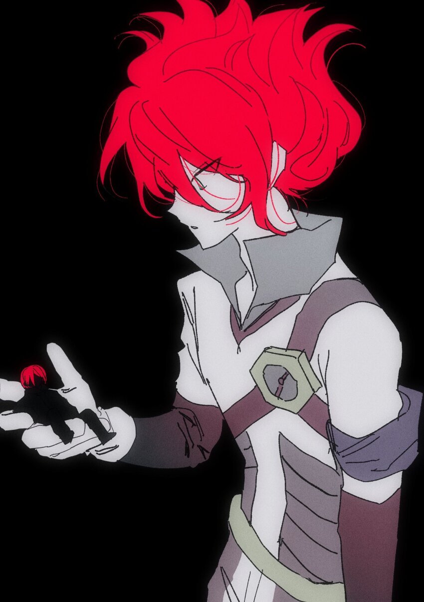 2boys black_background bodysuit cowboy_shot gloves goguma_wagamja highres inazuma_eleven inazuma_eleven_(series) kiyama_hiroto looking_at_another multiple_boys red_hair short_hair simple_background the_genesis very_short_hair