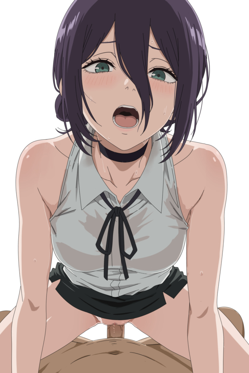 1boy 1girl :o akinoya bare_shoulders black_choker black_skirt breasts censored chainsaw_man choker clothes_lift cowgirl_position girl_on_top hair_bun hetero highres looking_at_viewer miniskirt mosaic_censoring open_mouth penis pussy reze_(chainsaw_man) sex shirt simple_background skirt skirt_lift sleeveless sleeveless_shirt small_breasts straddling vaginal white_background white_shirt