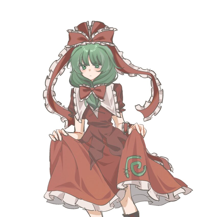 1girl arm_ribbon bow dress front_ponytail green_eyes green_hair highres kagiyama_hina puffy_short_sleeves puffy_sleeves red_bow red_dress red_ribbon ribbon short_sleeves solo touhou xiao_ganju_nailuo