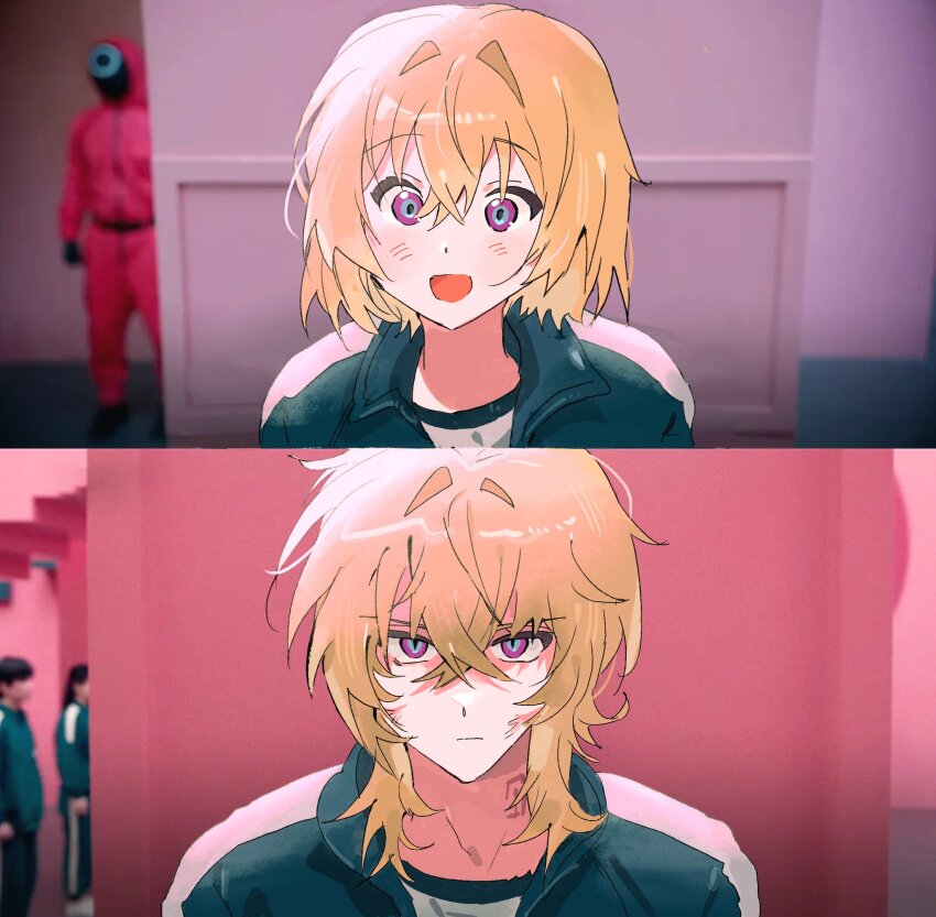 1boy aged_down alternate_costume aventurine_(honkai:_star_rail) blonde_hair blush closed_mouth dada_dain green_jacket hair_between_eyes highres honkai:_star_rail honkai_(series) jacket looking_at_viewer male_focus meme multicolored_eyes neck_tattoo photo_background purple_eyes short_hair smile squid_game squid_game tattoo worker_(squid_game) year_1_&amp;_year_2_(squid_game)_(meme)
